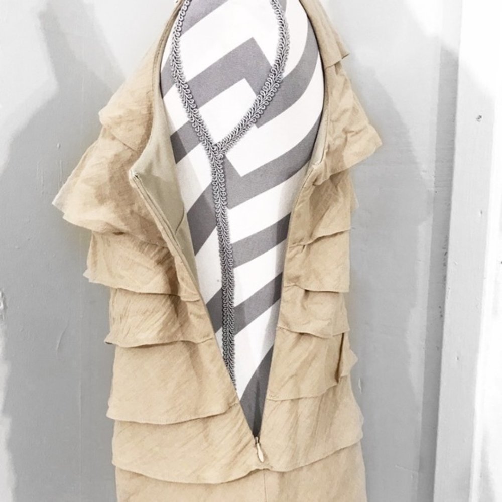 Tiered Sleeveless Mini A Line Tan Boho Chic Casual Dress Bejewelled Rock Detail - Picture 6 of 11
